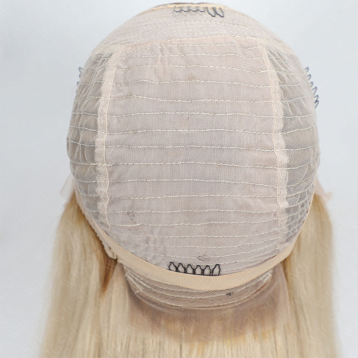 Quenny Blonde Straight 13x4 Lace Layer Cut Wig With Grey Roots Human Hair Wig