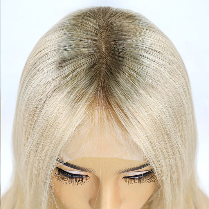 Quenny Blonde Straight 13x4 Lace Layer Cut Wig With Grey Roots Human Hair Wig