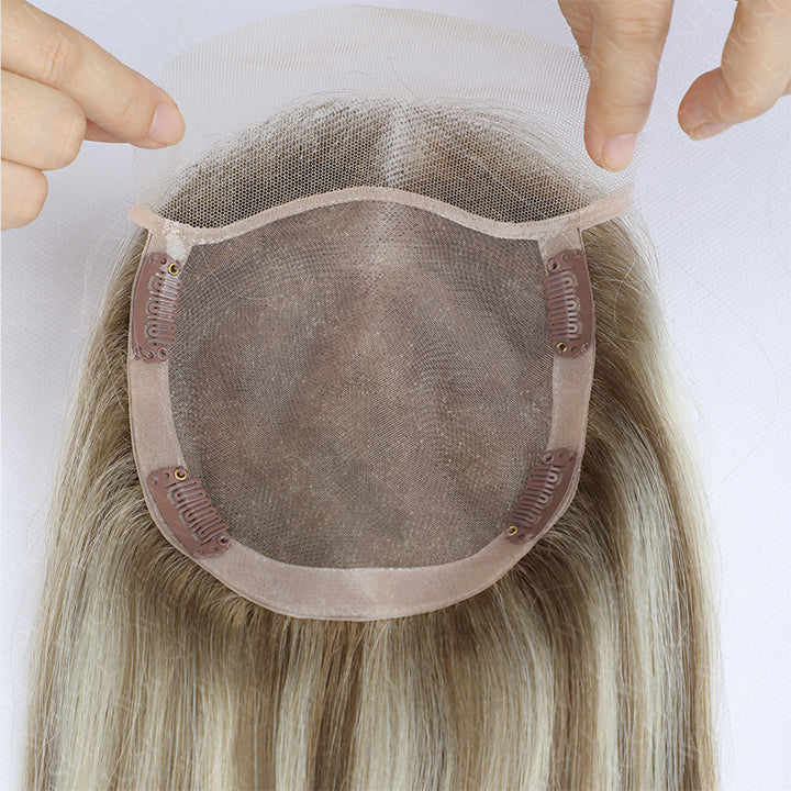 Kelly | Hair Topper Hand Made 5x6 Clip Hair Piece Mono Base Highlight Blonde European Remy Human Hair For Less Hair Women