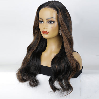 Flora | Highlight Brown Glueless Loose Wavy 13x4 Pre Cut Lace Frontal Wig With Black Roots Human Hair