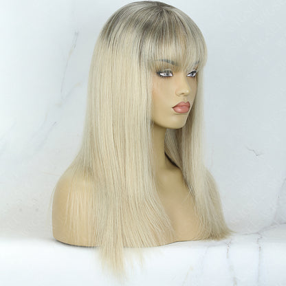Gracia | Ombre Blonde With Light Grey root Layered Cut Straight 13x6 Lace Frontal Glueless Wig With Bangs