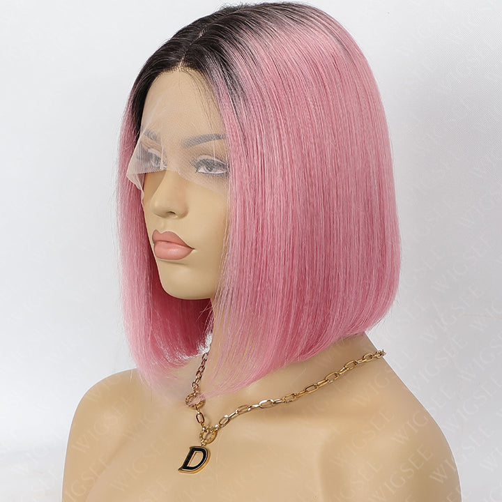 Mona | Ombre Pink Short Straight Bob 5x5 Lace Wig With Black Roots Glueless Human Hair Wig
