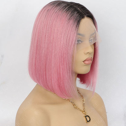 Mona | Ombre Pink Short Straight Bob 5x5 Lace Wig With Black Roots Glueless Human Hair Wig