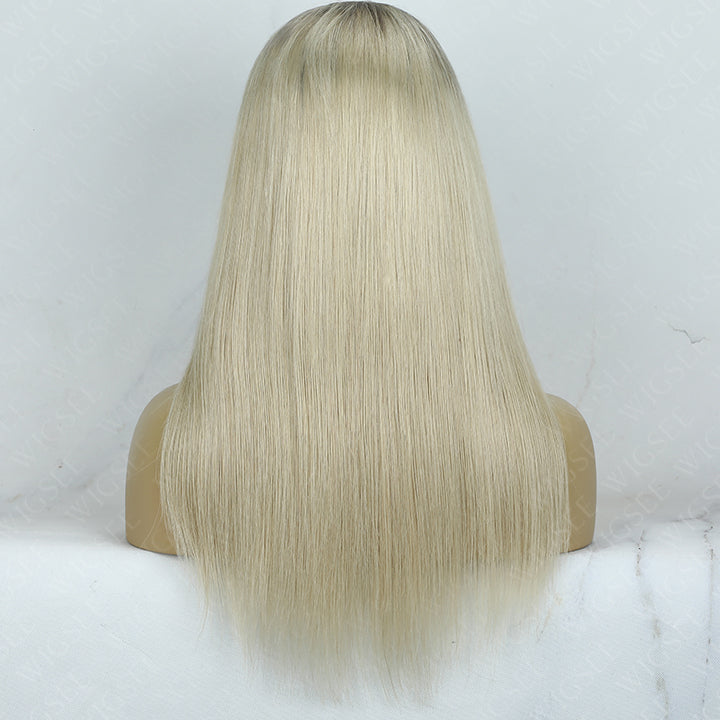 Gracia | Ombre Blonde With Light Grey root Layered Cut Straight 13x6 Lace Frontal Glueless Wig With Bangs