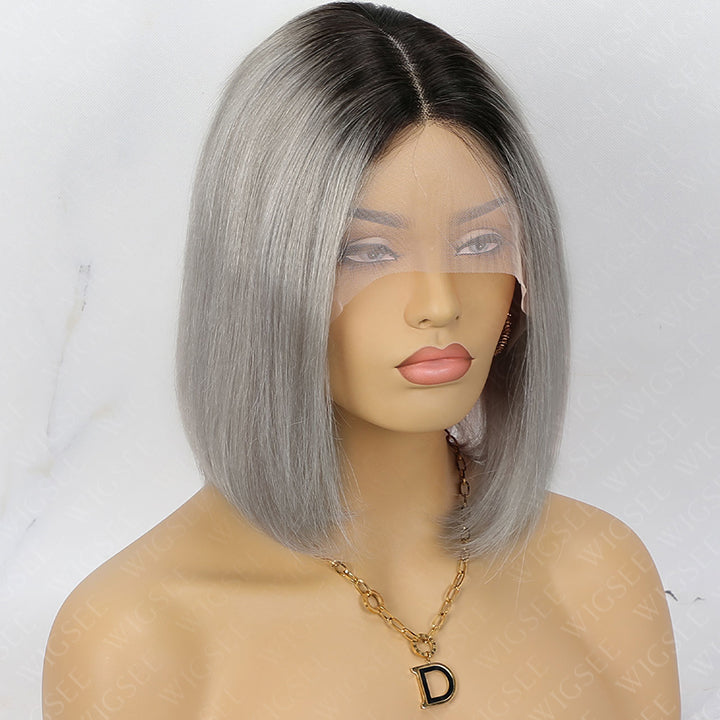 Tammy | Ombre Grey Short Bob Wig 5x5 Lace Straight Human Hair Glueless Wig